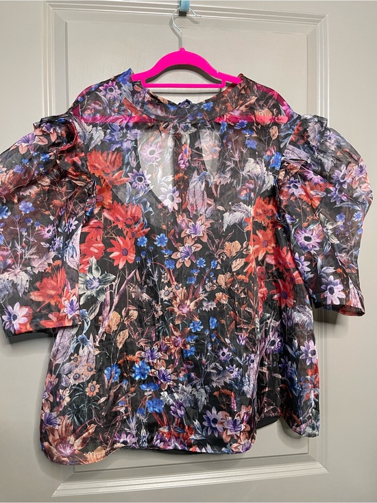 Maeve Tops - Maeve Black Sheer Floral Puff-Sleeve  Ruffle Blouse blogger XL